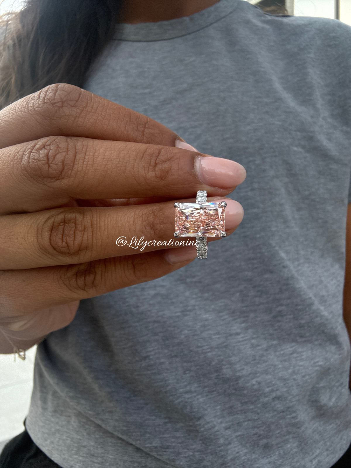 5Ct Pink Radiant IGI Certified Lab Grown Diamond Engagement Ring w/Side Diamonds