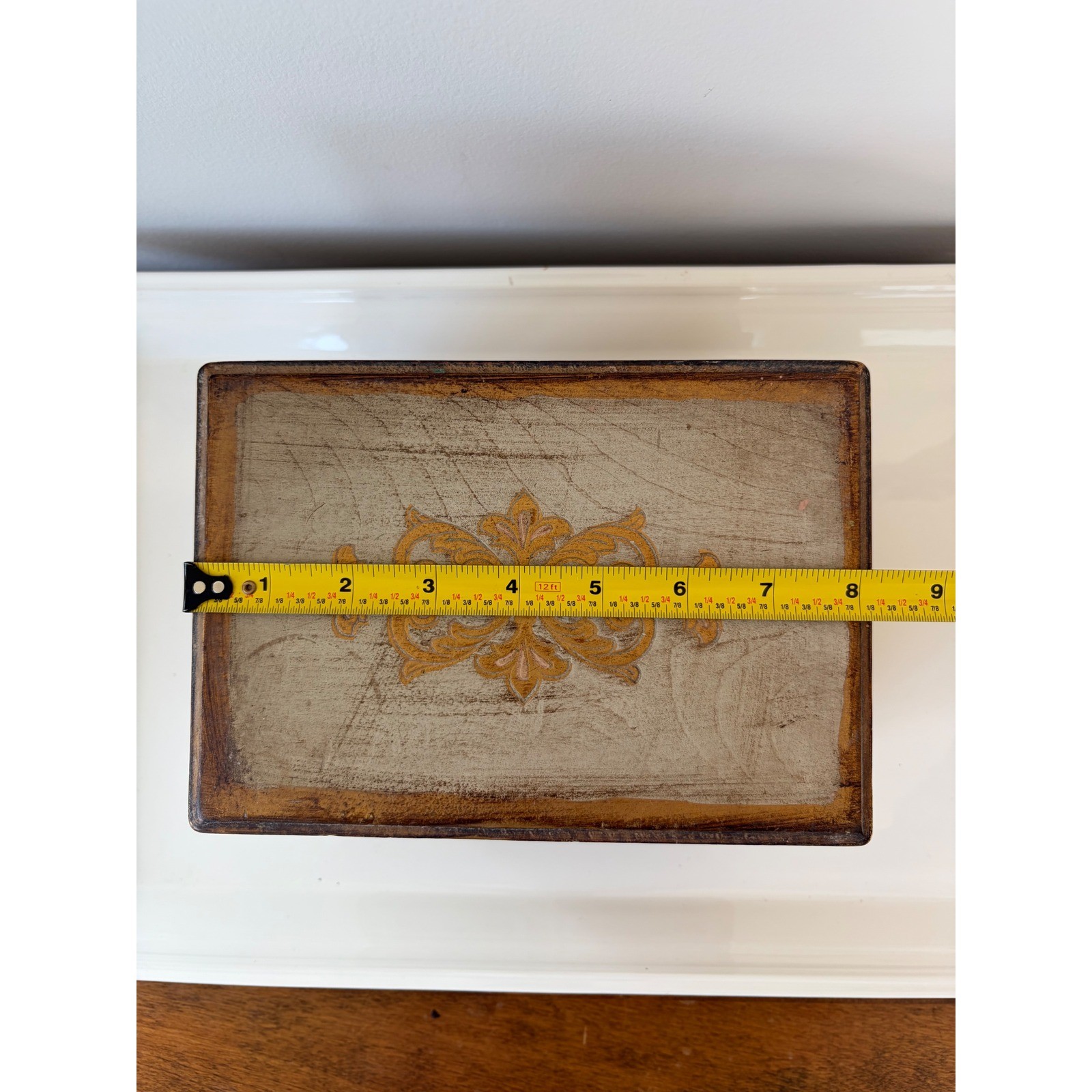 Vintage Florentine Wooden Jewelry Box Gold Gilt Red Velvet Mirror Distressed
