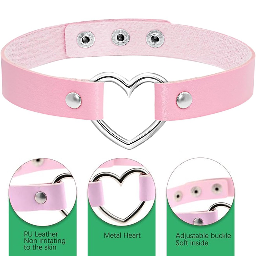 Leather Heart Choker Collar Punk Goth Adjustable Rivet Necklace Love O-Ring