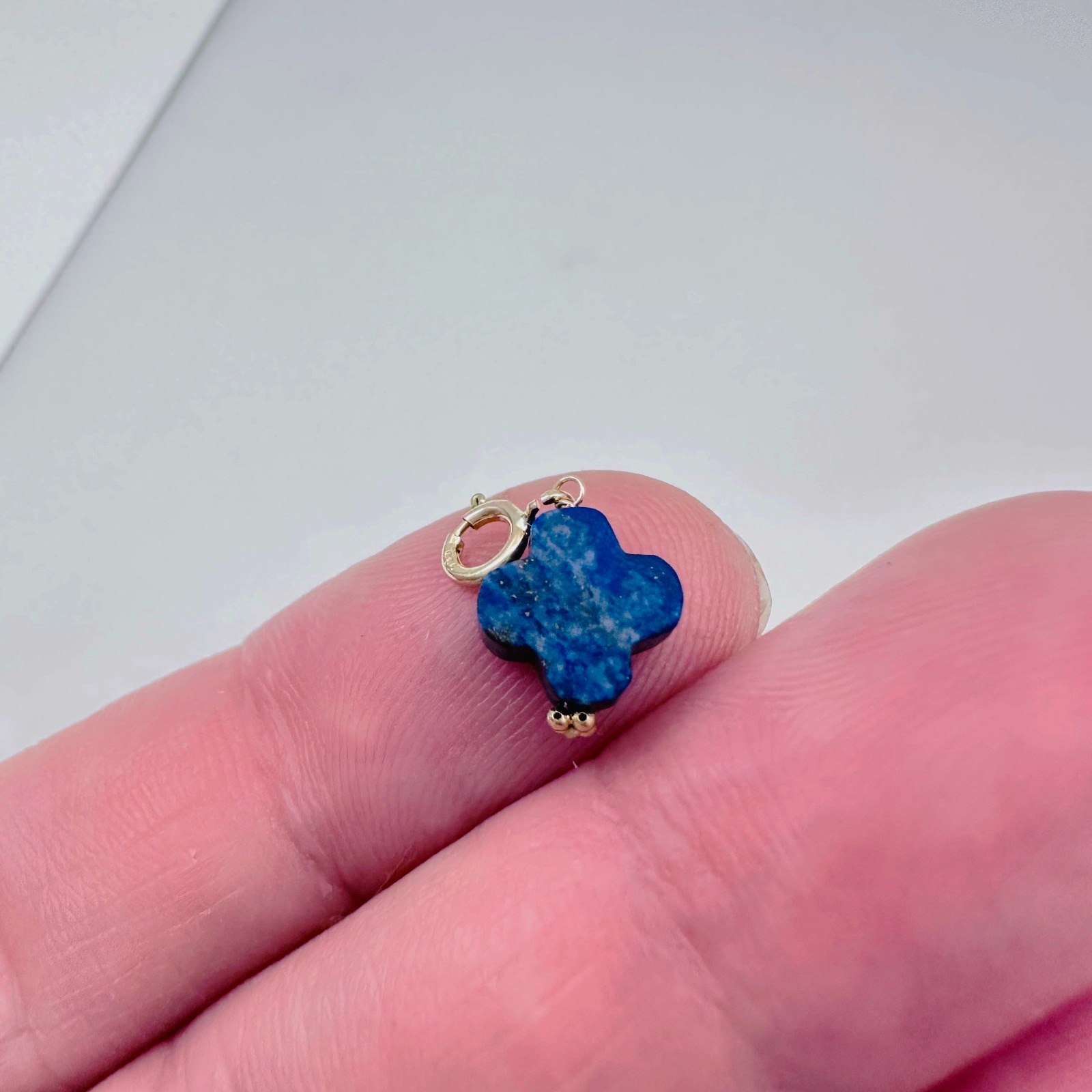 14K Solid Yellow Gold Lapis Lazuli Clover Small Charm Pendant w/Spring Clasp