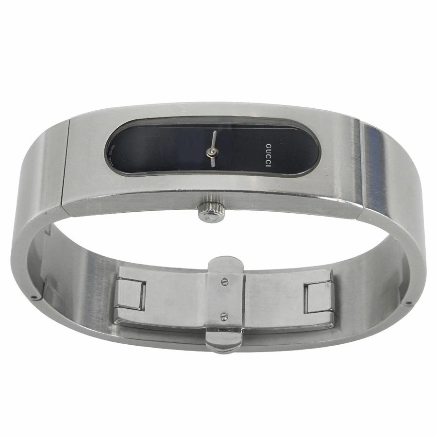 GUCCI 2400S Bangle Watch Quartz Silver Stainless Steel Black Dial Very Good