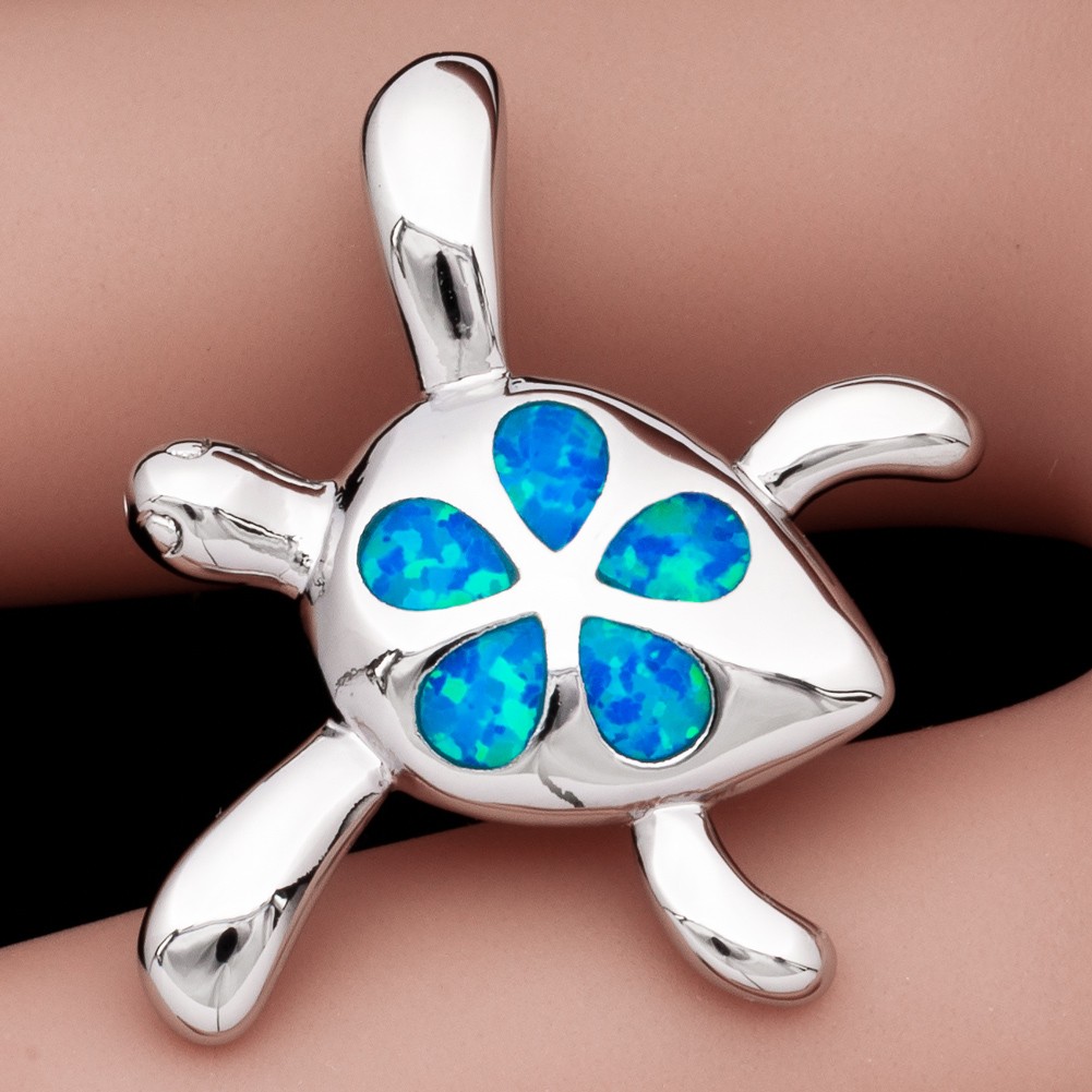 Green Sea Turtle Plumeria Ocean Blue Fire Opal Silver Jewelry Necklace Pendant