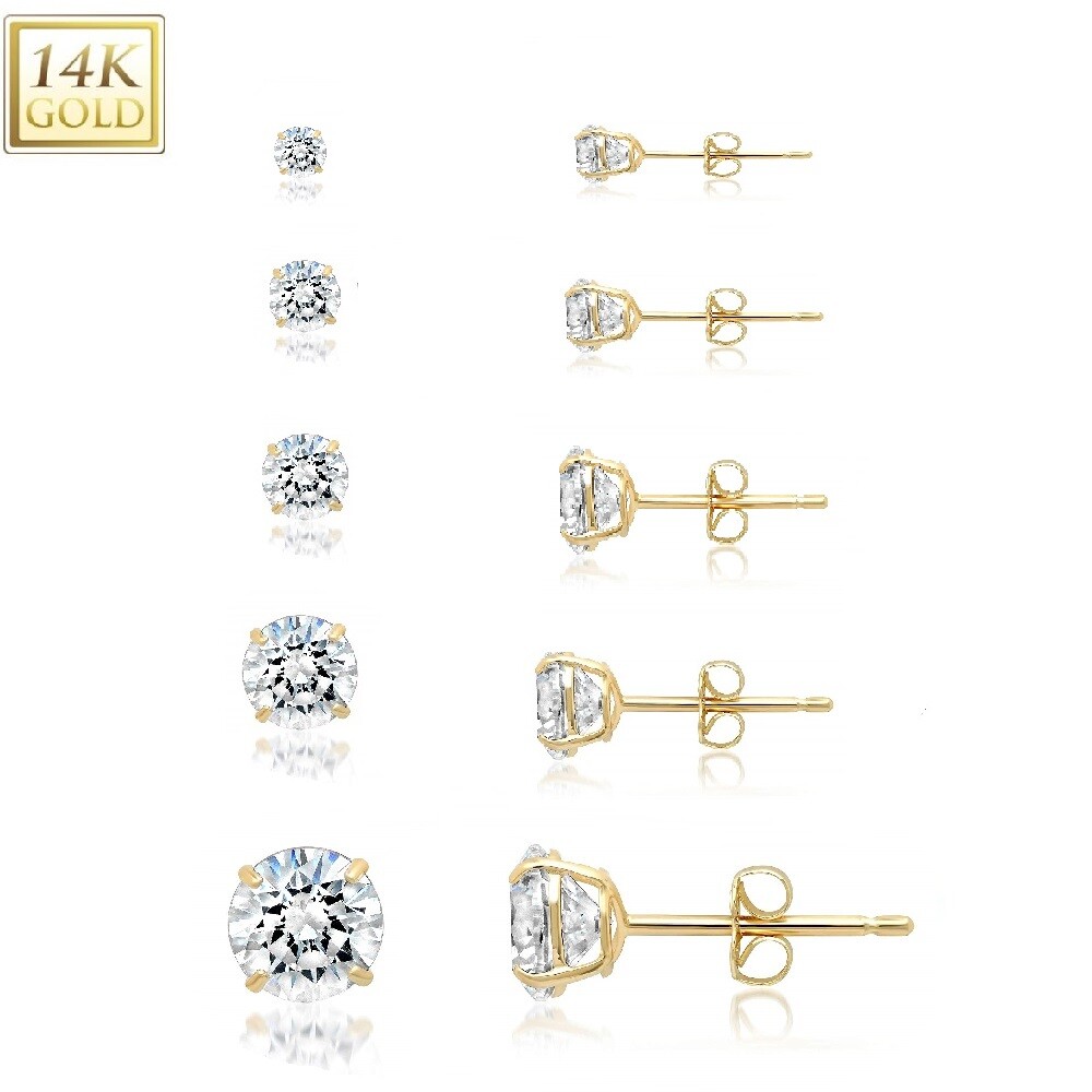 14k Solid Yellow Gold Cubic Zirconia Stud Earrings- Sold as a Pair 20ga