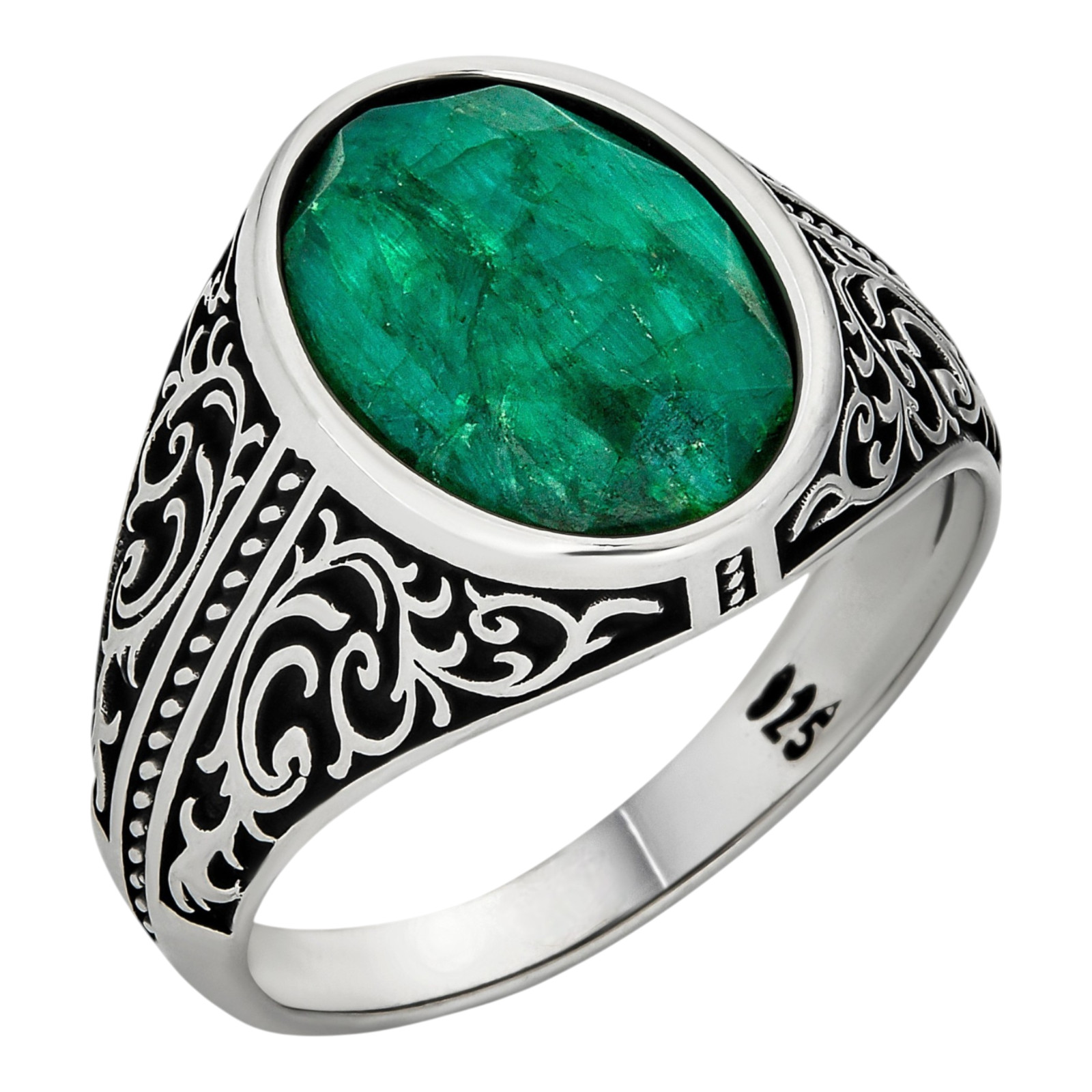 Real Columbian Green Emerald Stone Mens Solid 925 Silver Ring – Oxidized Vintage