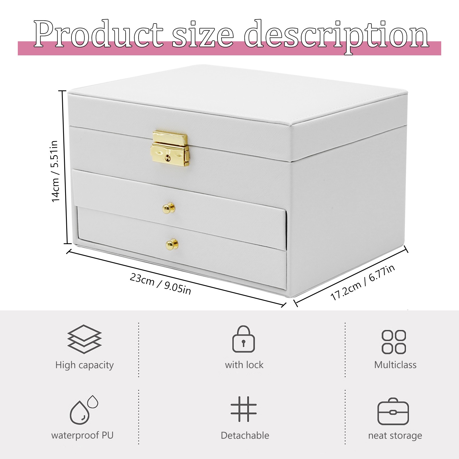 White 3-Layer Jewelry Box Portable Travel Storage Case with Mirror & Lock Key
