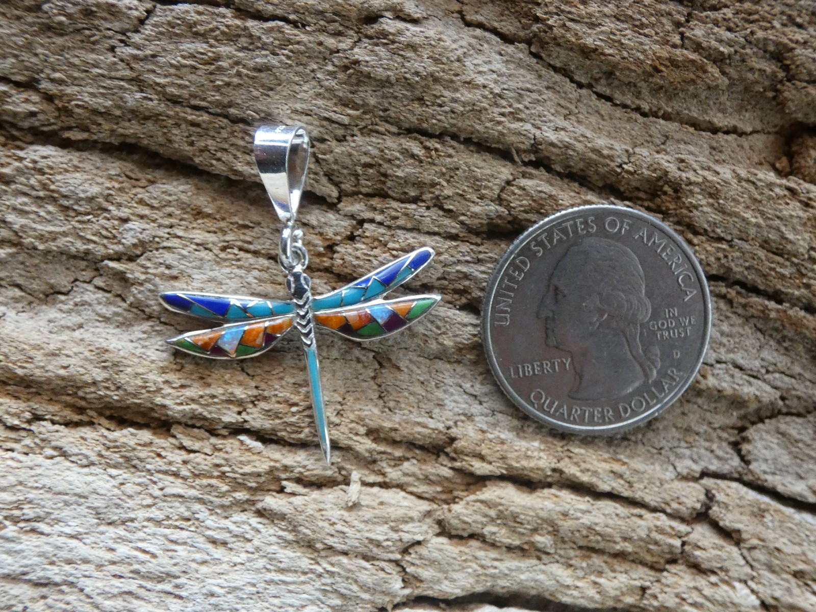 Dragonfly Southwestern Sterling Silver Small Pendant Multi Gemstone & Opal S18