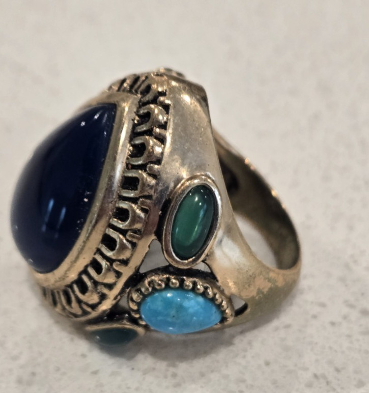 VTG Barse Thailand Bronze Ring Large Cocktail Statement Ring Cabochon Stone Blue