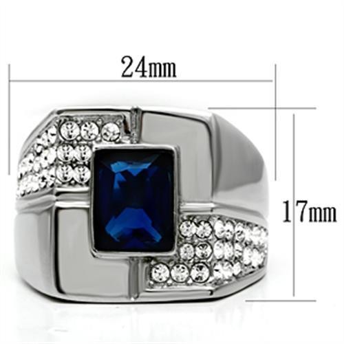 Men’s Ring, Blue Glass, Stainless Steel, Bold Design, Sparkling Accents
