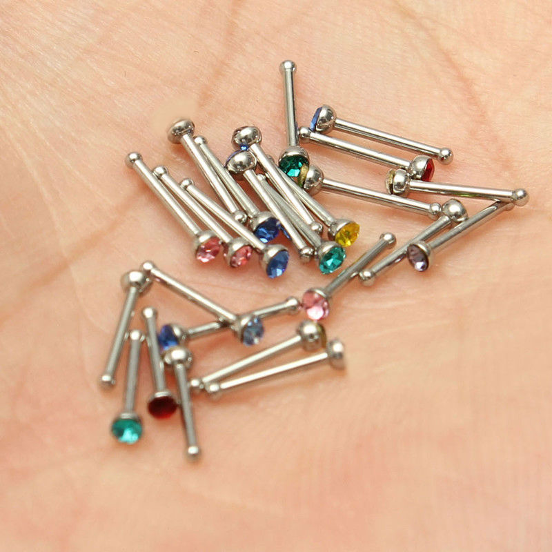 Nose Ring Stainless Steel Bone Stud with 2MM Rhinestone