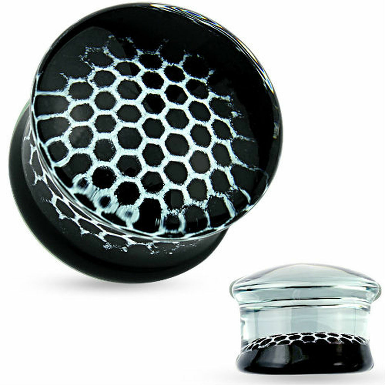 Honeycomb Black Pyrex Glass Double Flared Plugs 2 Gauge to 5/8in – Sold as Pair