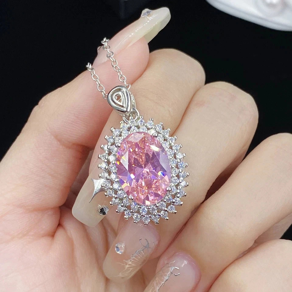 7.30Ct Oval Cut Natural Pink Sapphire & Diamond 14K White Gold Luxury Pendant