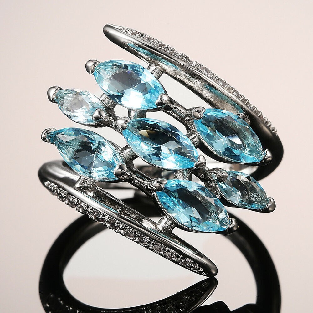 925 Silver Plated Christmas Gifts Ring 3.15Ct Simulated Aquamarine Sweeping Ring