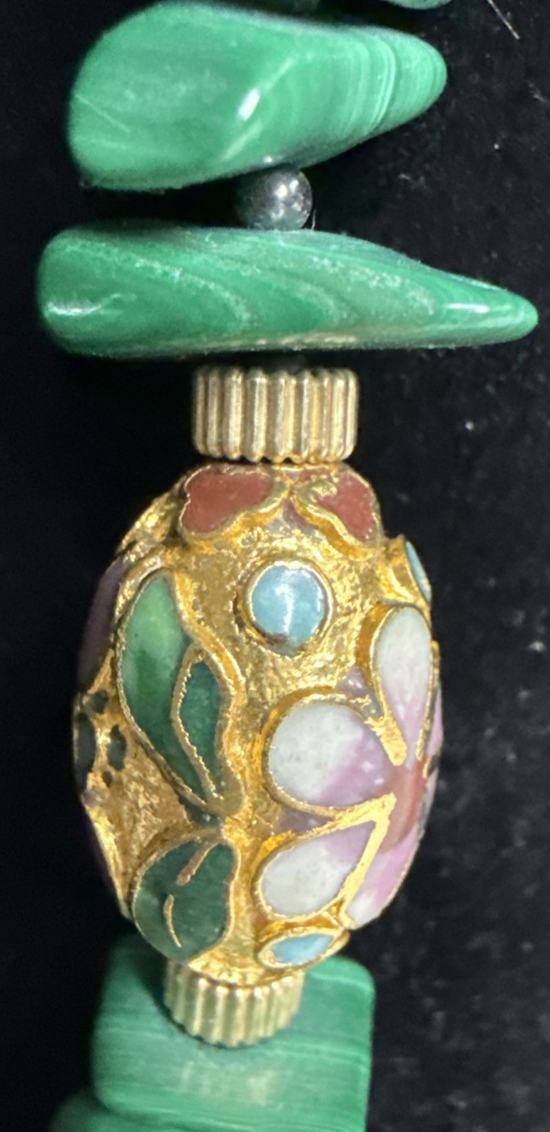 Vtg Malachite Necklace 1/20 14k GF Clasp With Cloisonné Beads, 30”
