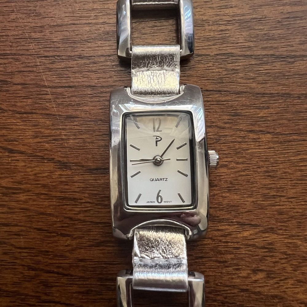 Vintage “P” Women’s Watch Silver Tone New Battery Rectangle Face White 8 in.