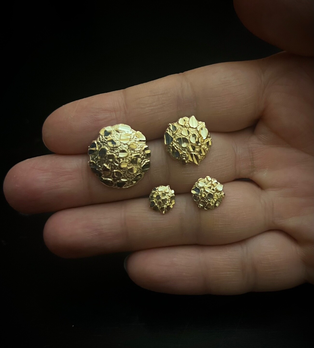 10K Gold Authentic Nugget Round Diamond Cut Stud Earrings for Men Women 4 Sizes