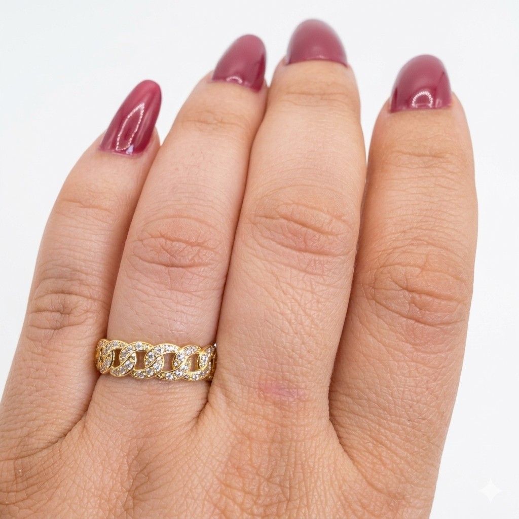 Gold Tone Chain Link Pavé Clear/White Round Stone Band Ring Size 7