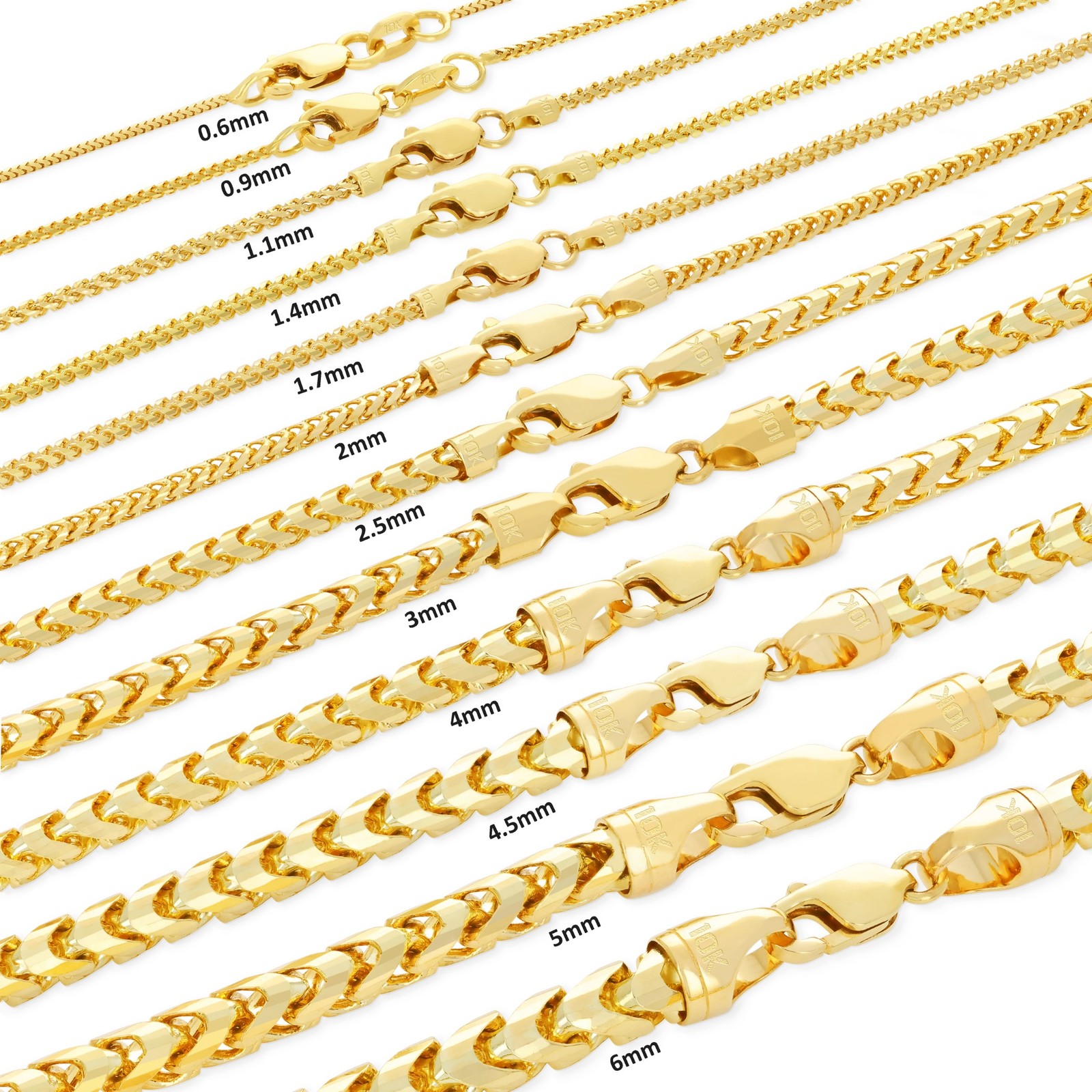 10K Yellow Gold Solid Franco 1mm-6mm Diamond Cut Chain Necklace Bracelet 7″-30″