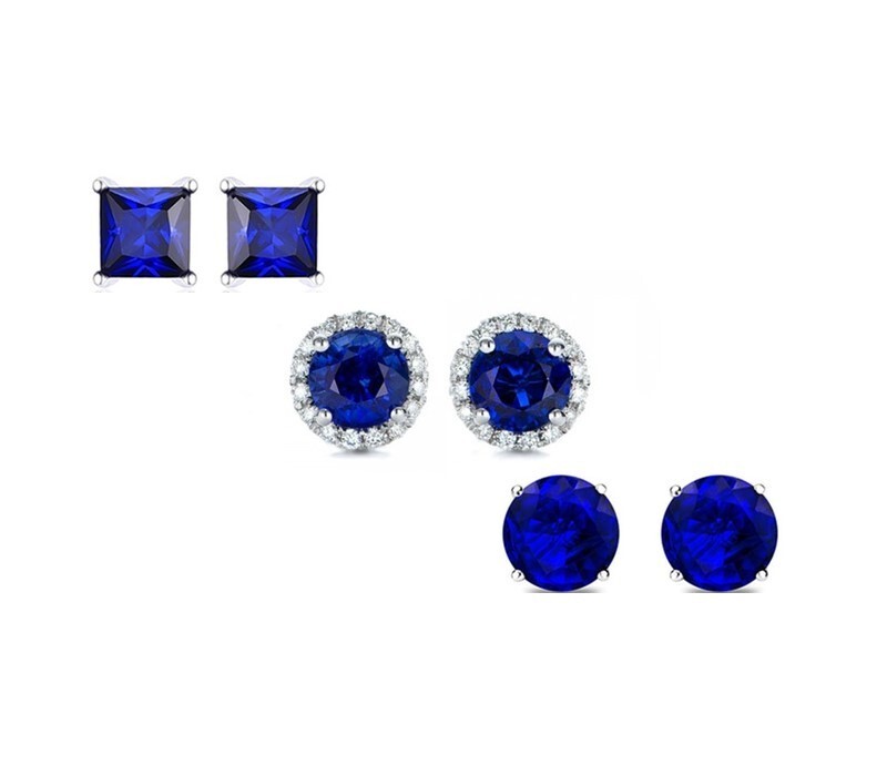 925 Solid Sterling Silver Set of 3 Sapphire Cubic Zirconia Stud Earrings