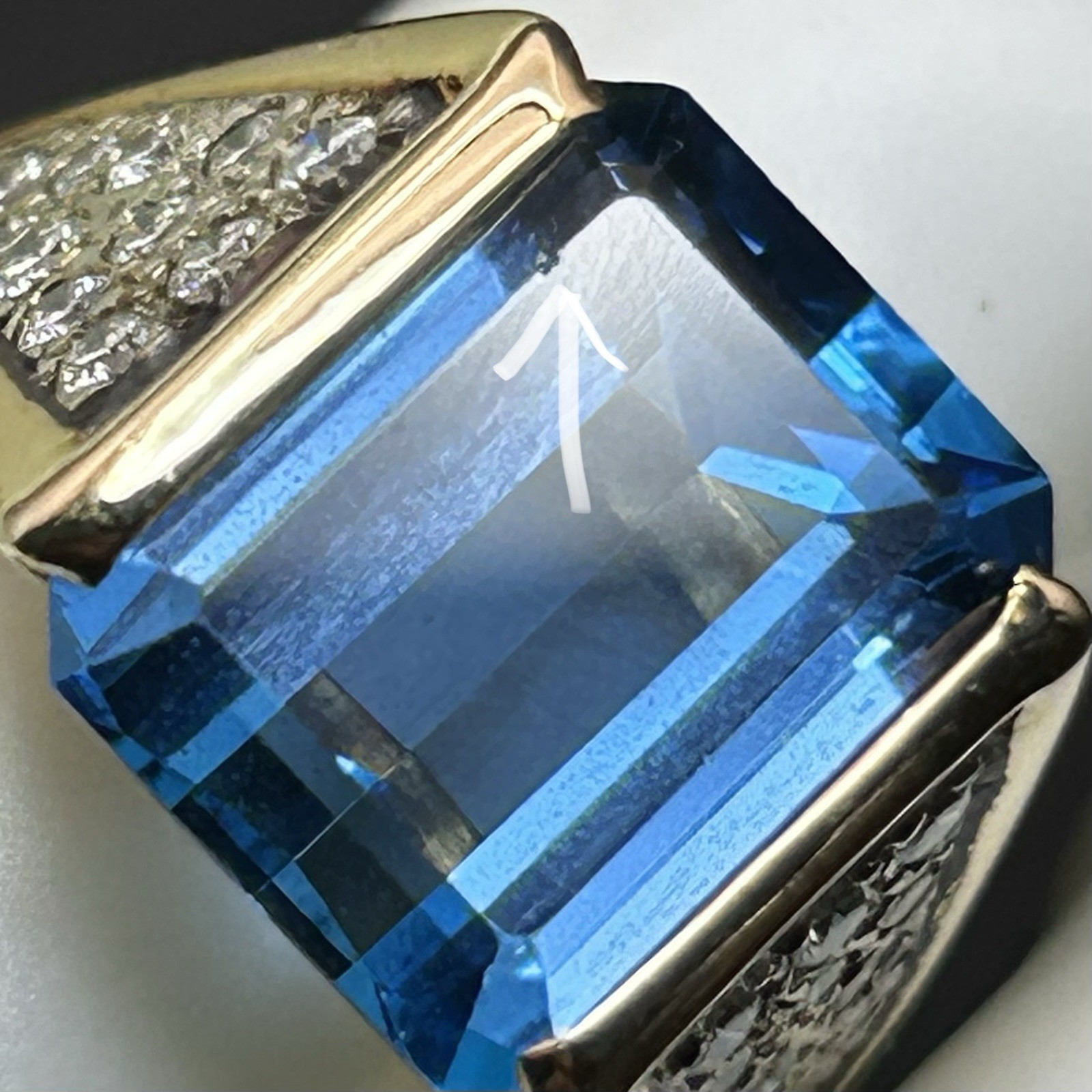 Vintage 14K Yellow Gold Emerald Cut Blue Topaz Pave Diamond Cocktail Ring Size 6