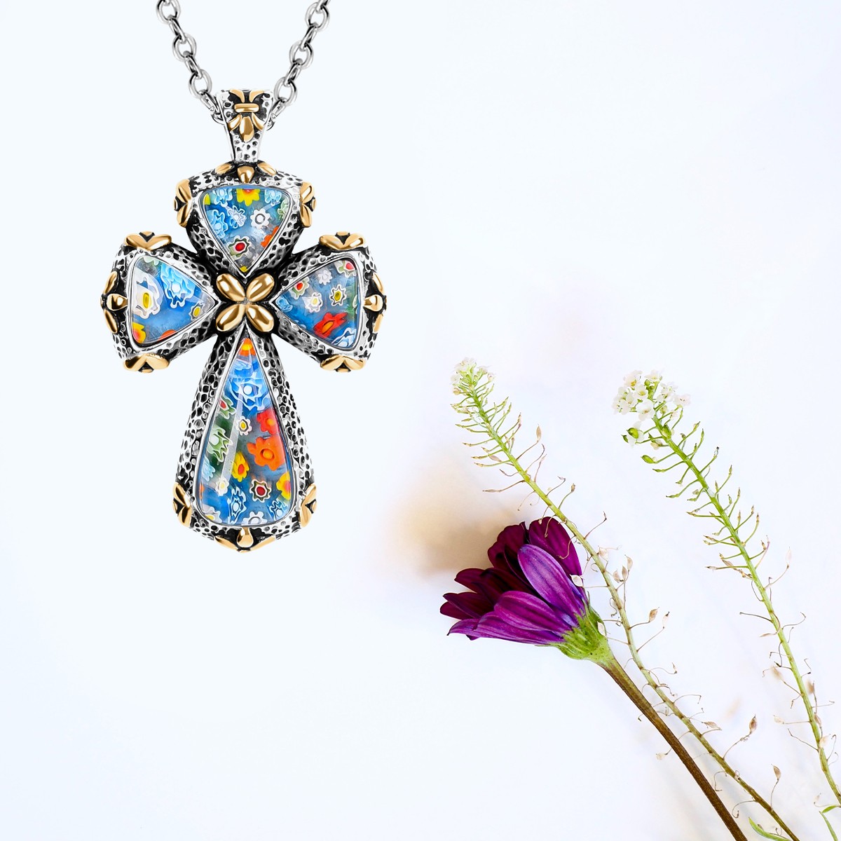 Shop LC Colorful Rainbow Cross Necklace Yellow Gold Black Oxidsized Murano Style