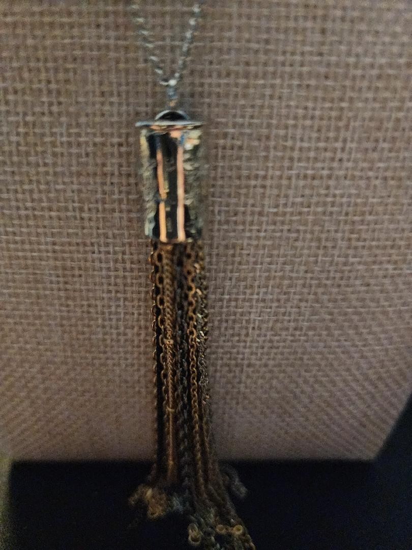 necklace with multi color chain fringe tassel on antique gold chain