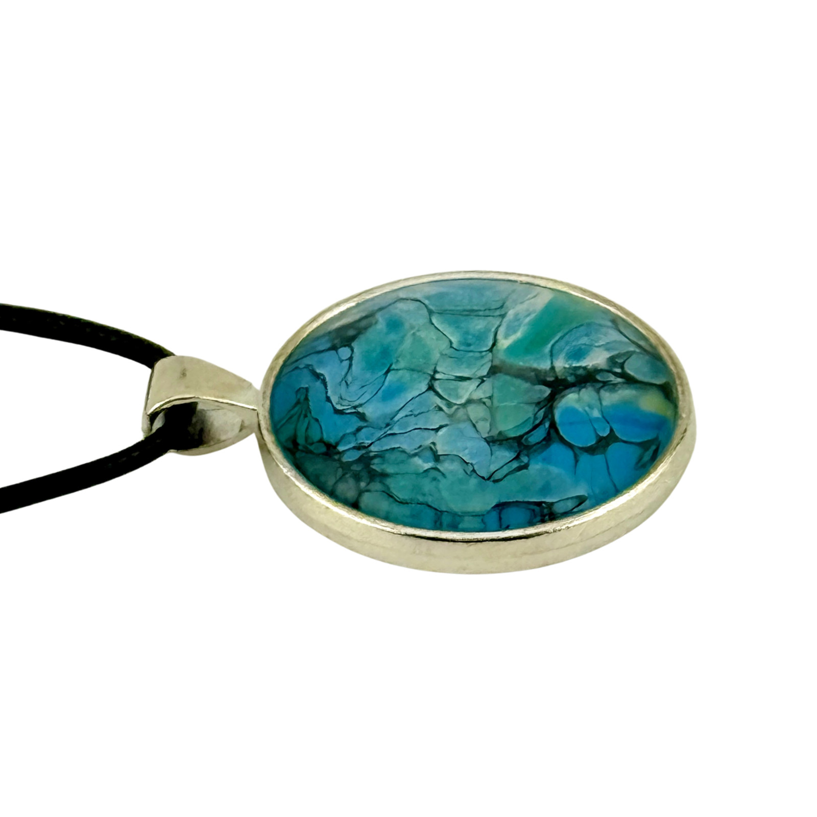 Pendant Necklace Handmade “Alaska Waters” Silver Bezel 30mm Black Cord