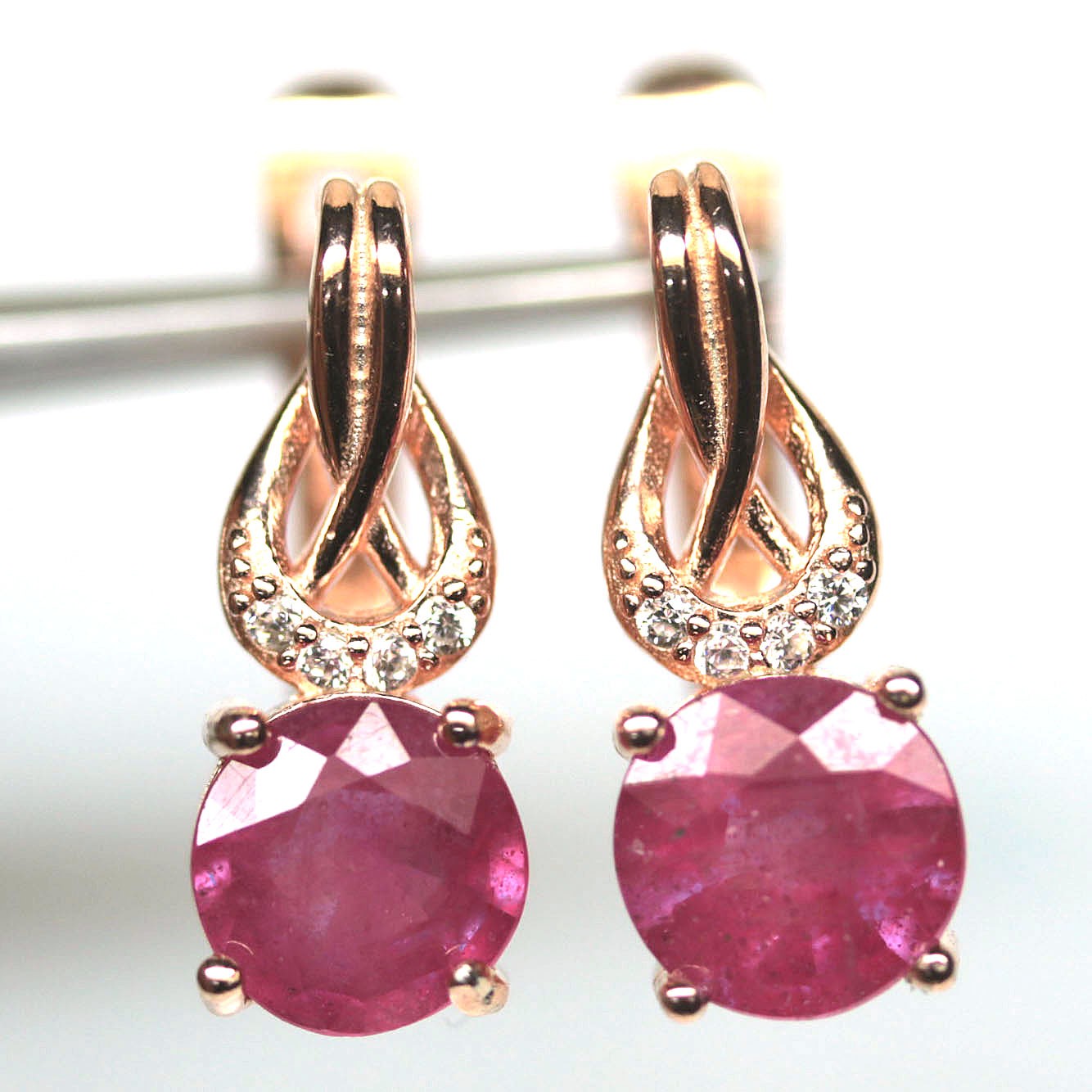 Thai Handmade 925 Sterling Silver 7 mm. Red Ruby & Cubic Zirconia Earrings