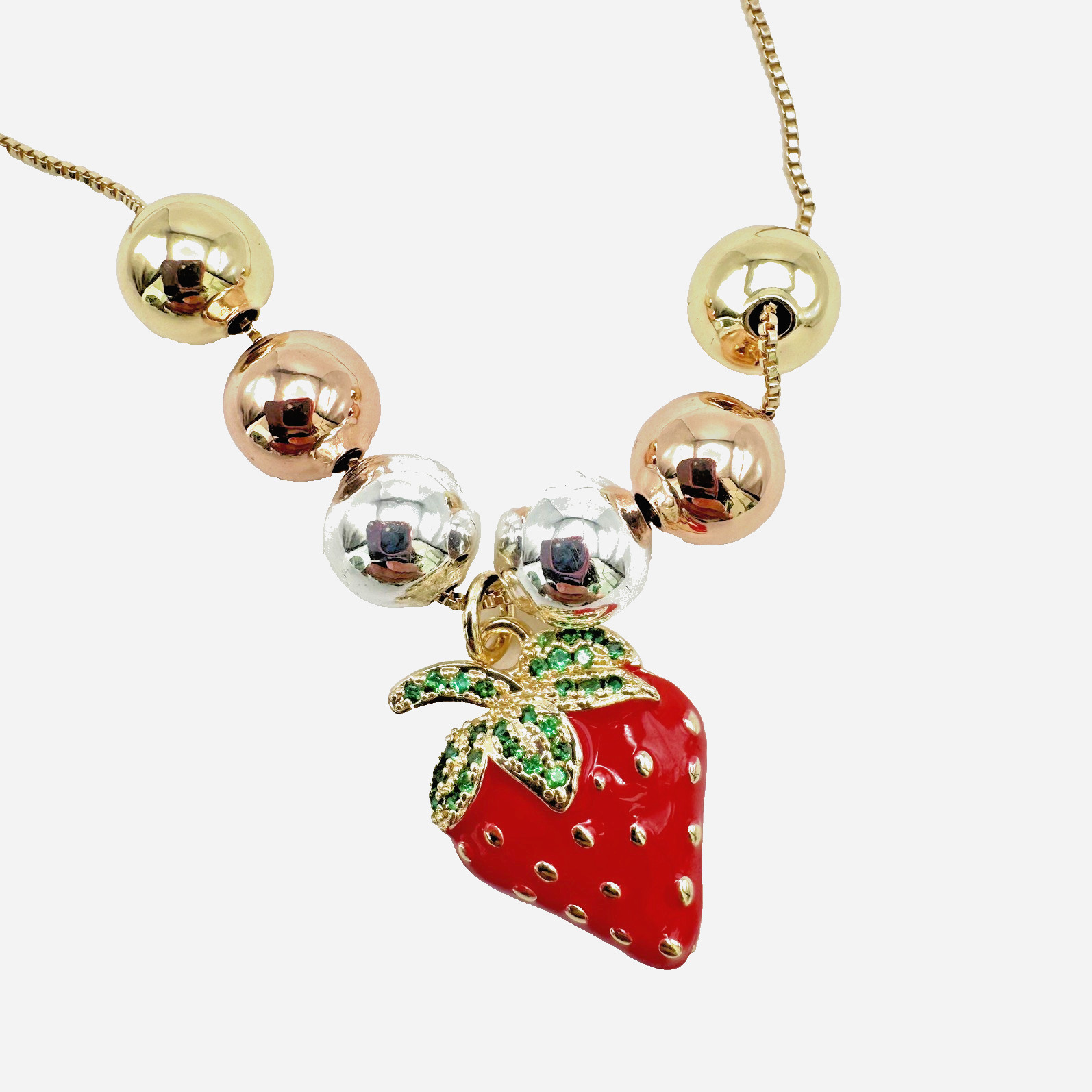 14K Gold filled Strawberry Necklace With Gold, Silver, and Rose Gold Toned Beads