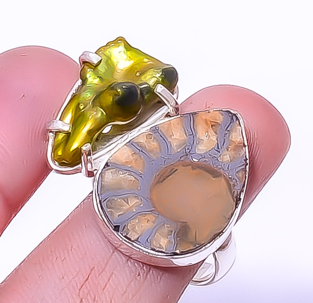 Pyrite Ammonite Fossil – Morocco & Biwa Pearl 925 Silver Ring s.9 T95