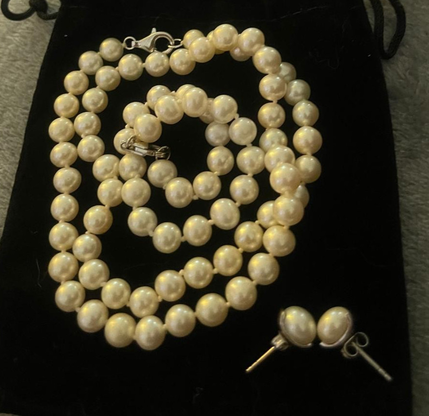 3 pcs necklace necklace, bracelet stud earrings cultured pearl with silver lobster clasp