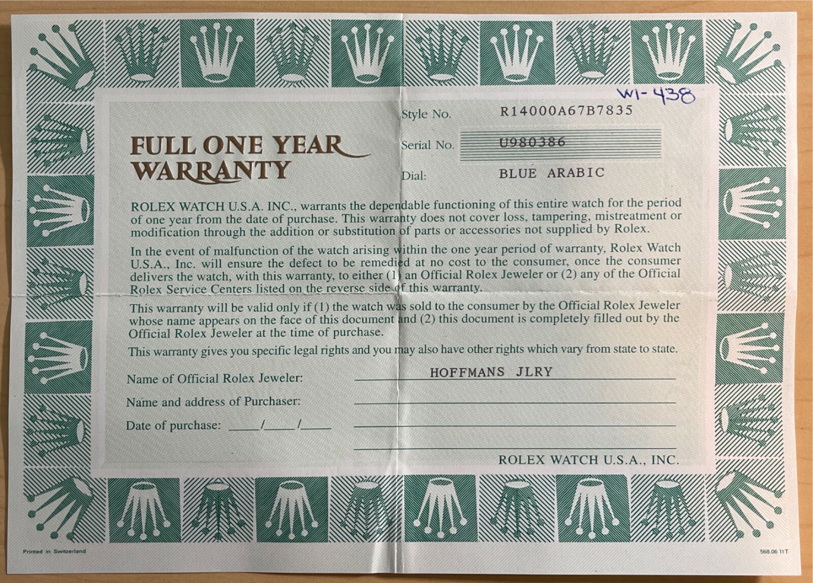 Rolex Watch Full One-Year OPEN Warranty