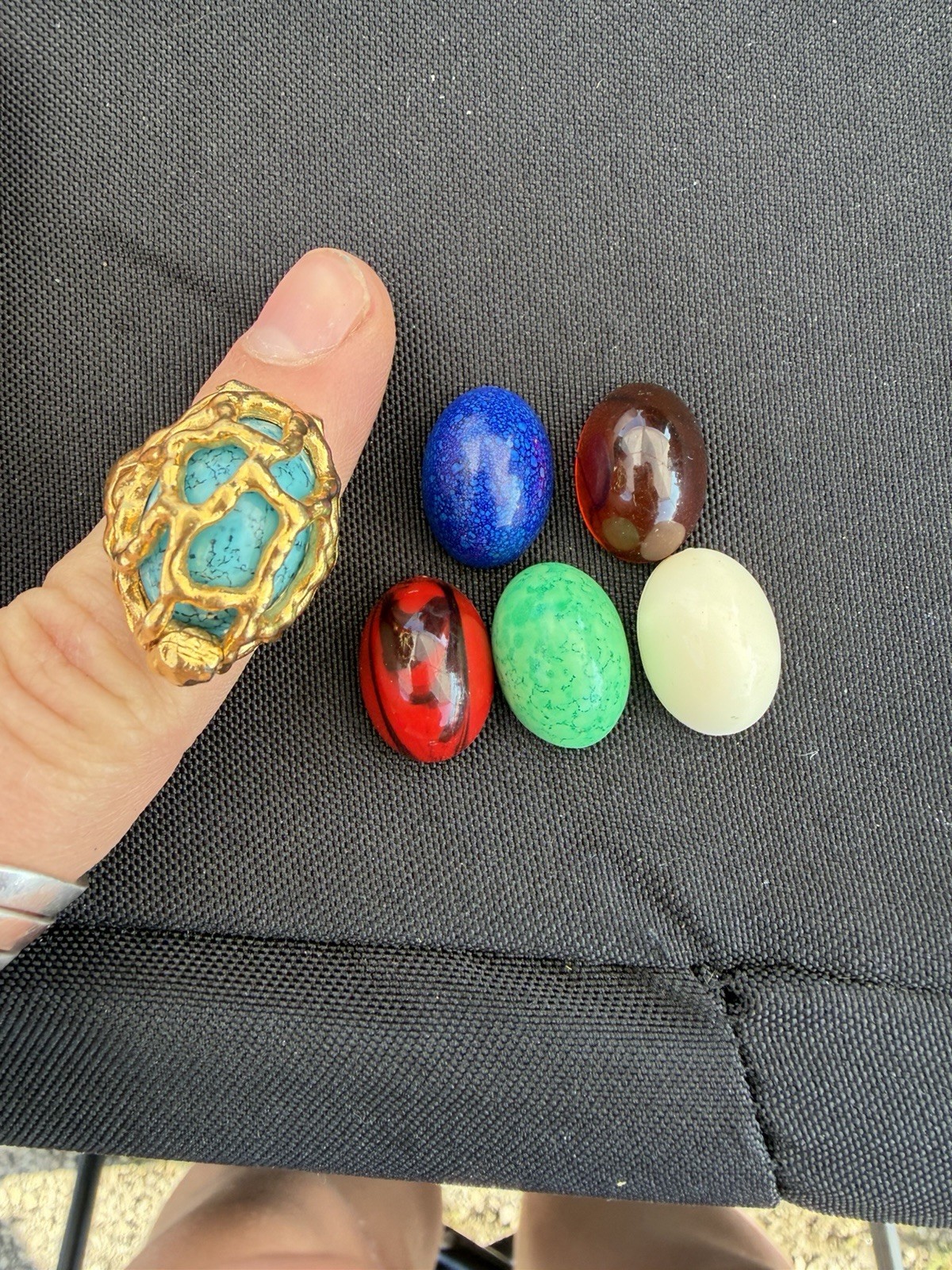Vintage Crown Trifari Interchangeable Adjustable Ring, 6 Colored Cabochons