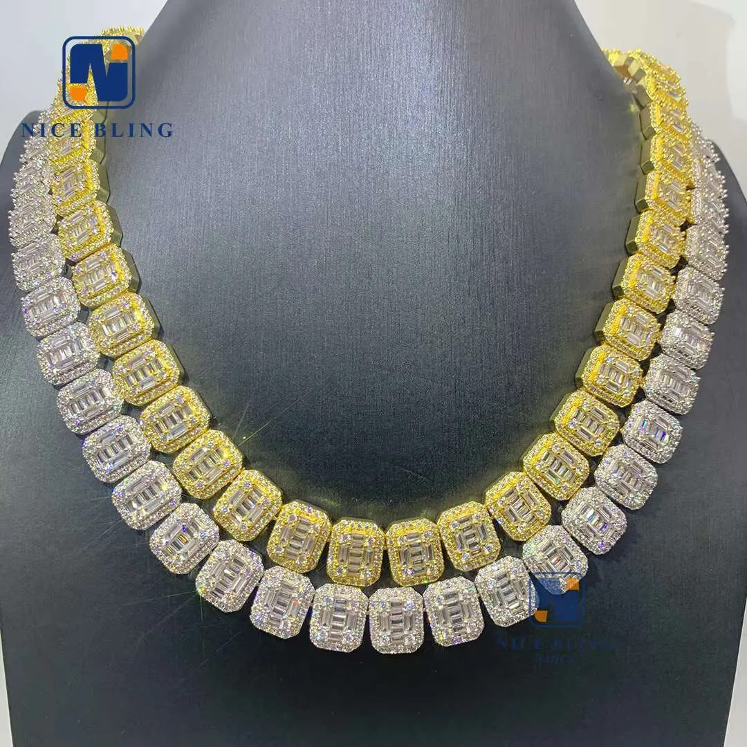 Full Moissanite Diamonds 925 Sterling Silver Cuban Link Necklace VVS Baguette Mo