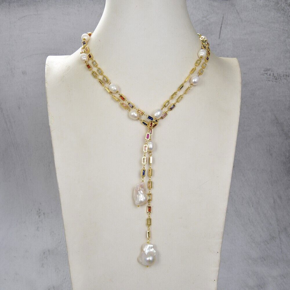 Cultured White Keshi Pearl Mixed Color Cz Pave Long Gold Plated Chain Necklace