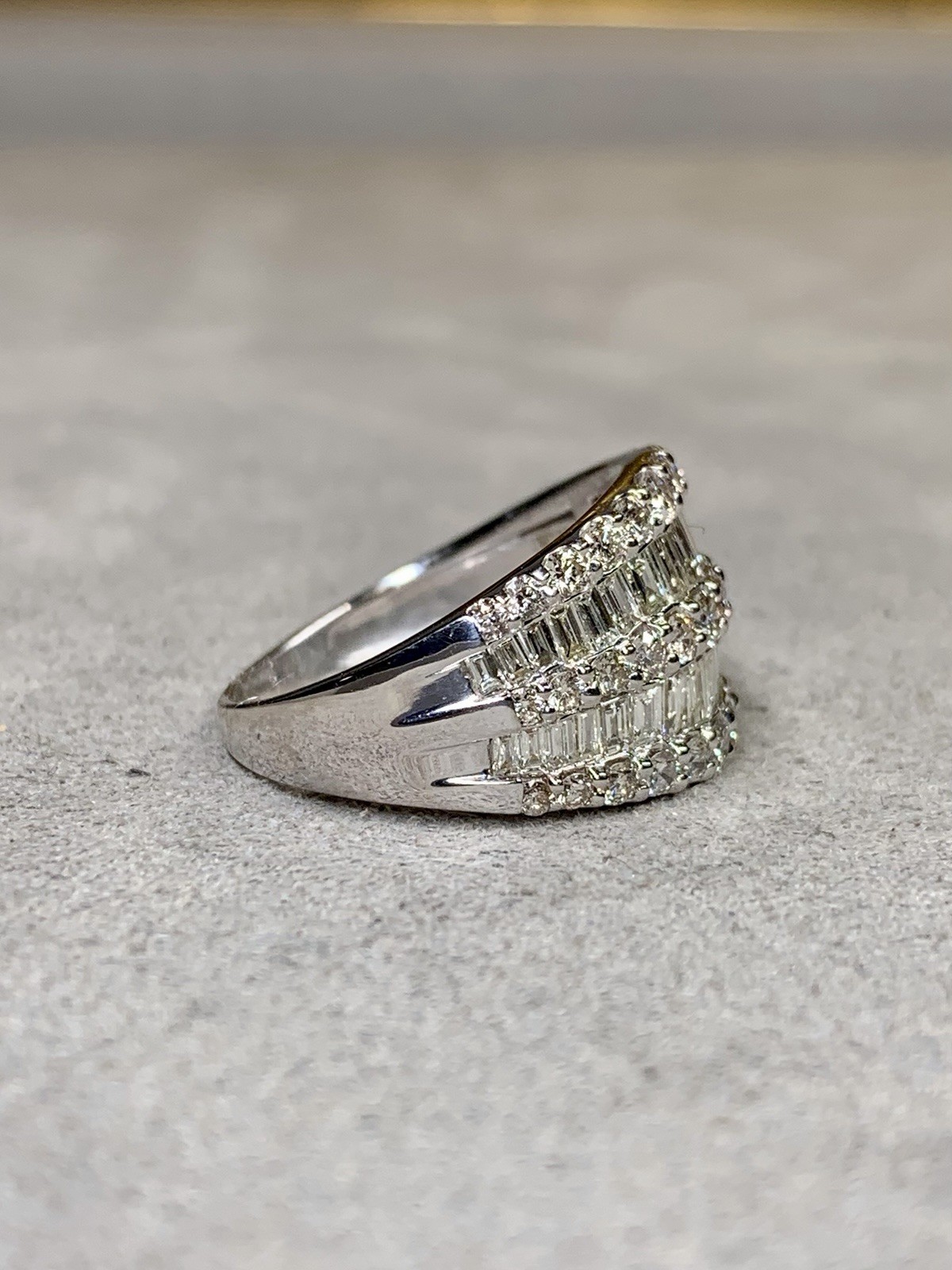 Estate 18K White Gold Baguette & Round Diamond Multi Row Wide Band Cocktail Ring