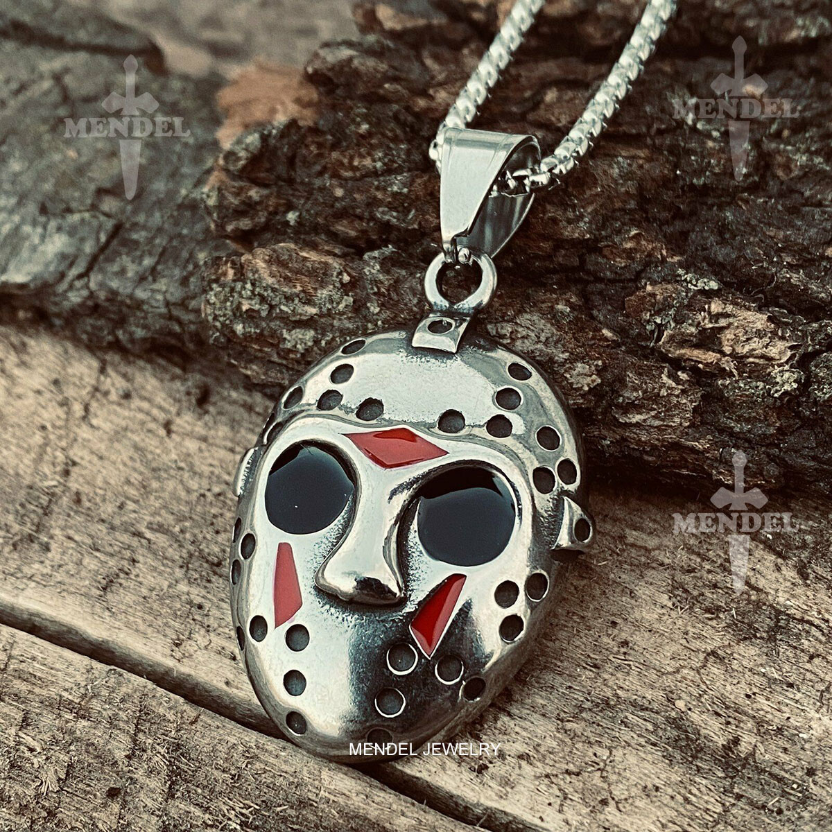 MENDEL Stainless Steel Cool Mens Movie Jason Mask Pendant Necklace For Men Chain