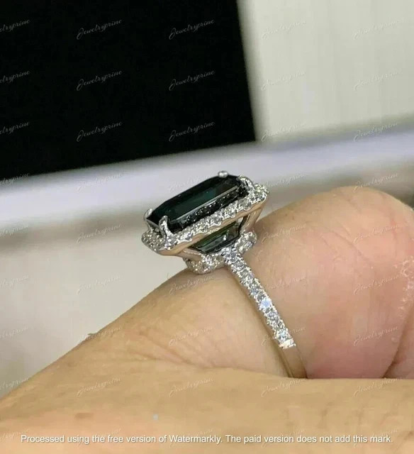 3Ct Emerald Black Onyx Lab-Created Halo Engagement Ring 14K White Gold Plated