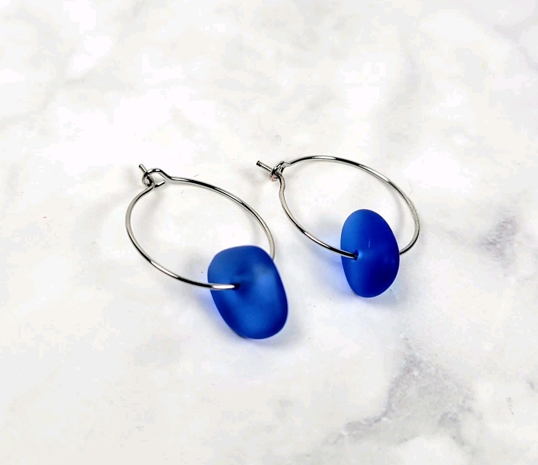 Sea Glass Earrings Blue Handmade – Coastal Boho Hoop Jewelry Gift
