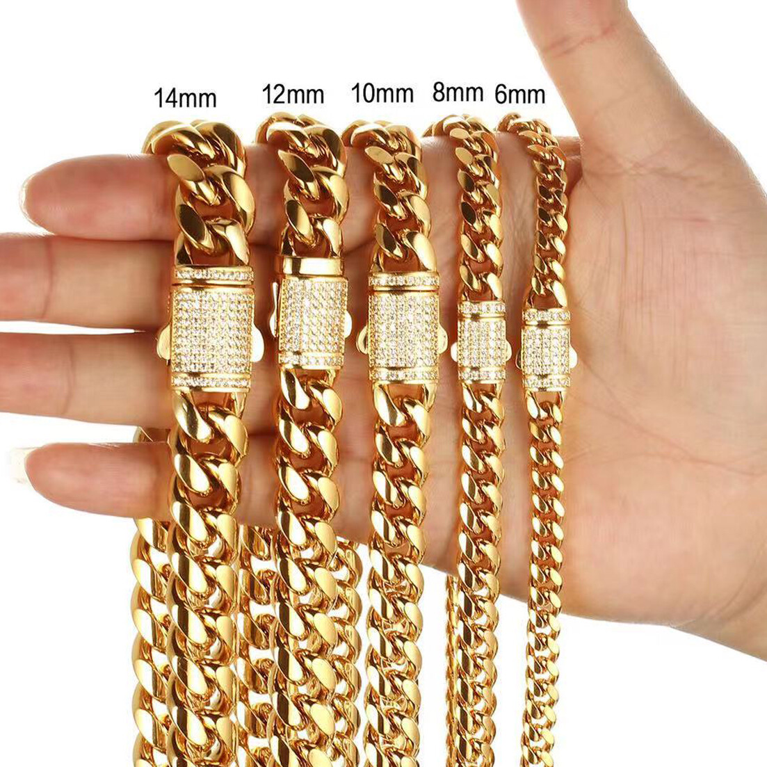 New Hot 6-14mm CZ Miami Cuban Link Chain Necklace Stainless Steel for Men Women