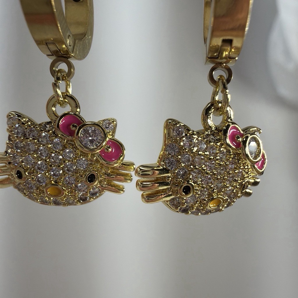 Gold Tone Hinged Hoop Dangle Cat Face Pink Bow Clear Crystal Earrings