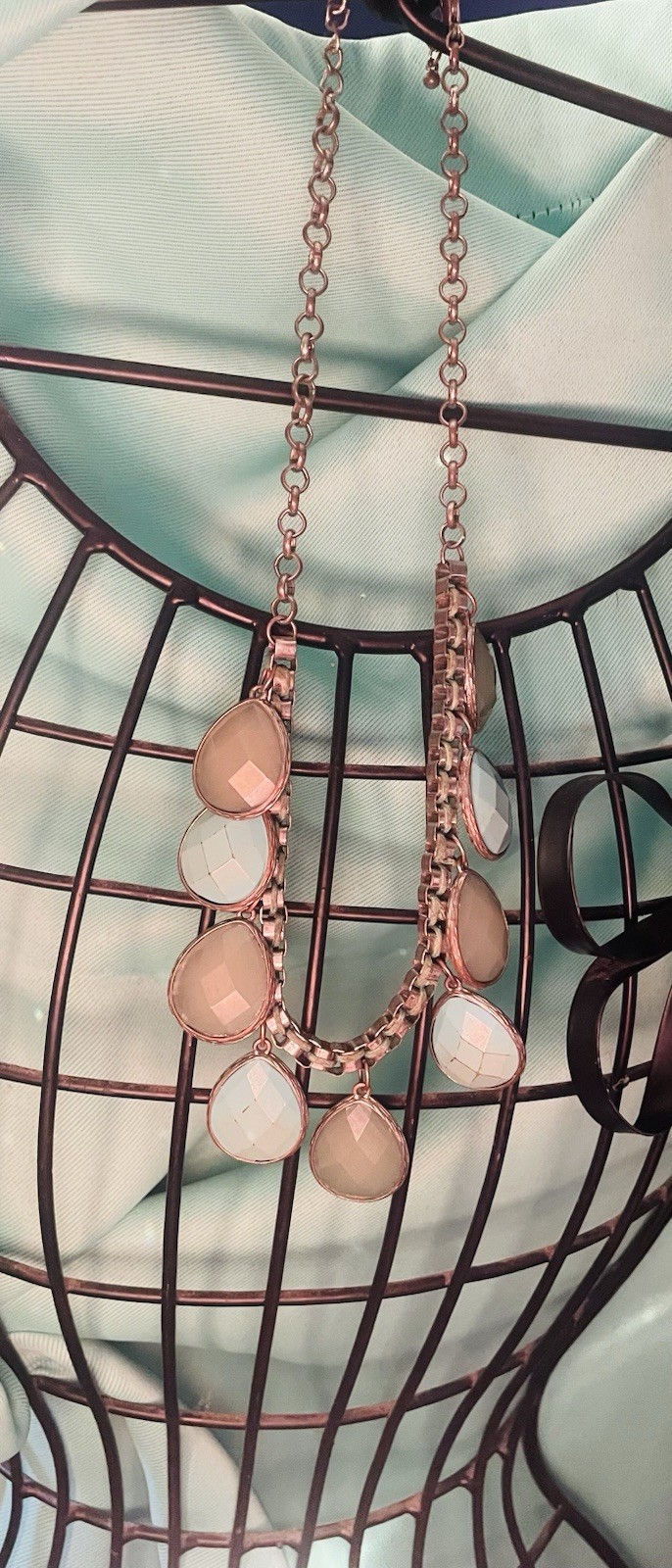 Rose Gold Tone Oval Link Chain Necklace with Pink Round Charm Dangles