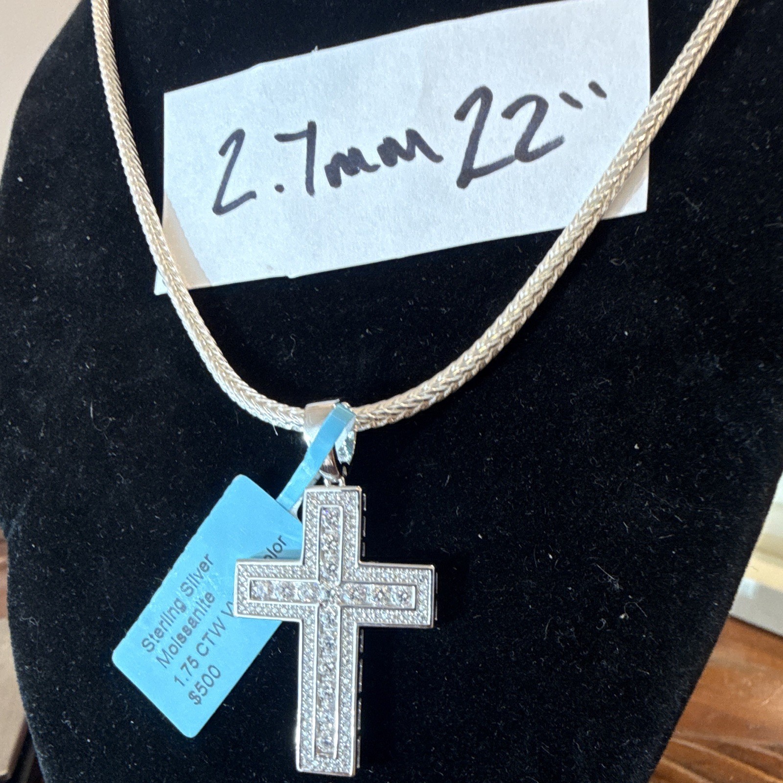 2.7mm 22” Round Franco Chain SOLID 925 (25g) w Moissanite Cross Pendant 1.75CTW