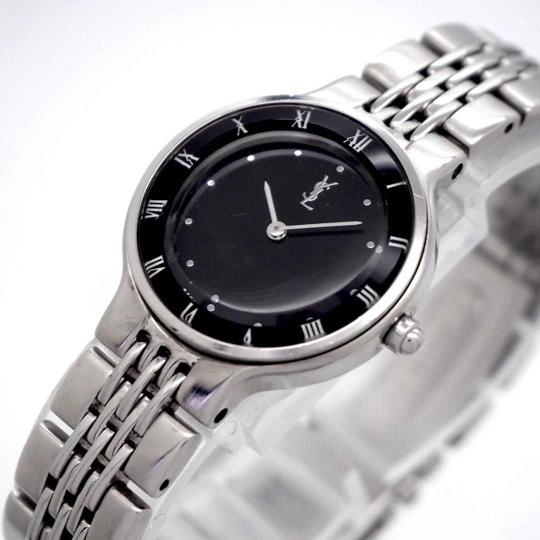 YSL Yves Saint Laurent Black Watch Cut Glass Roman Numerals Japan 0713685