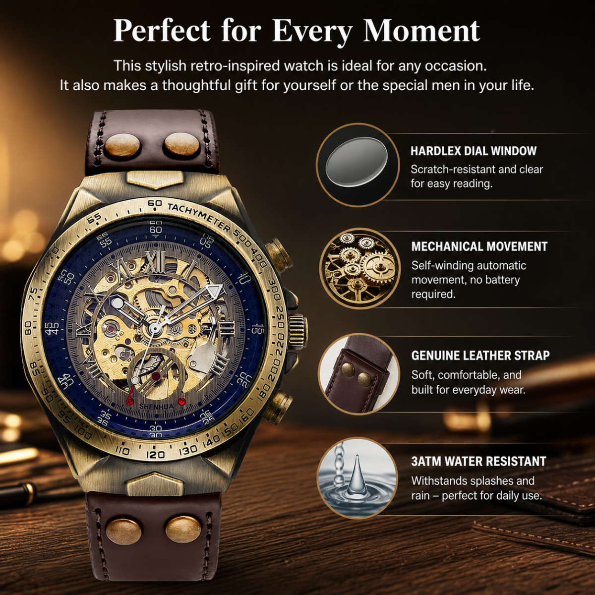 Men’s Luxury Automatic Mechanical Watch Skeleton Dial Leather Strap Retro