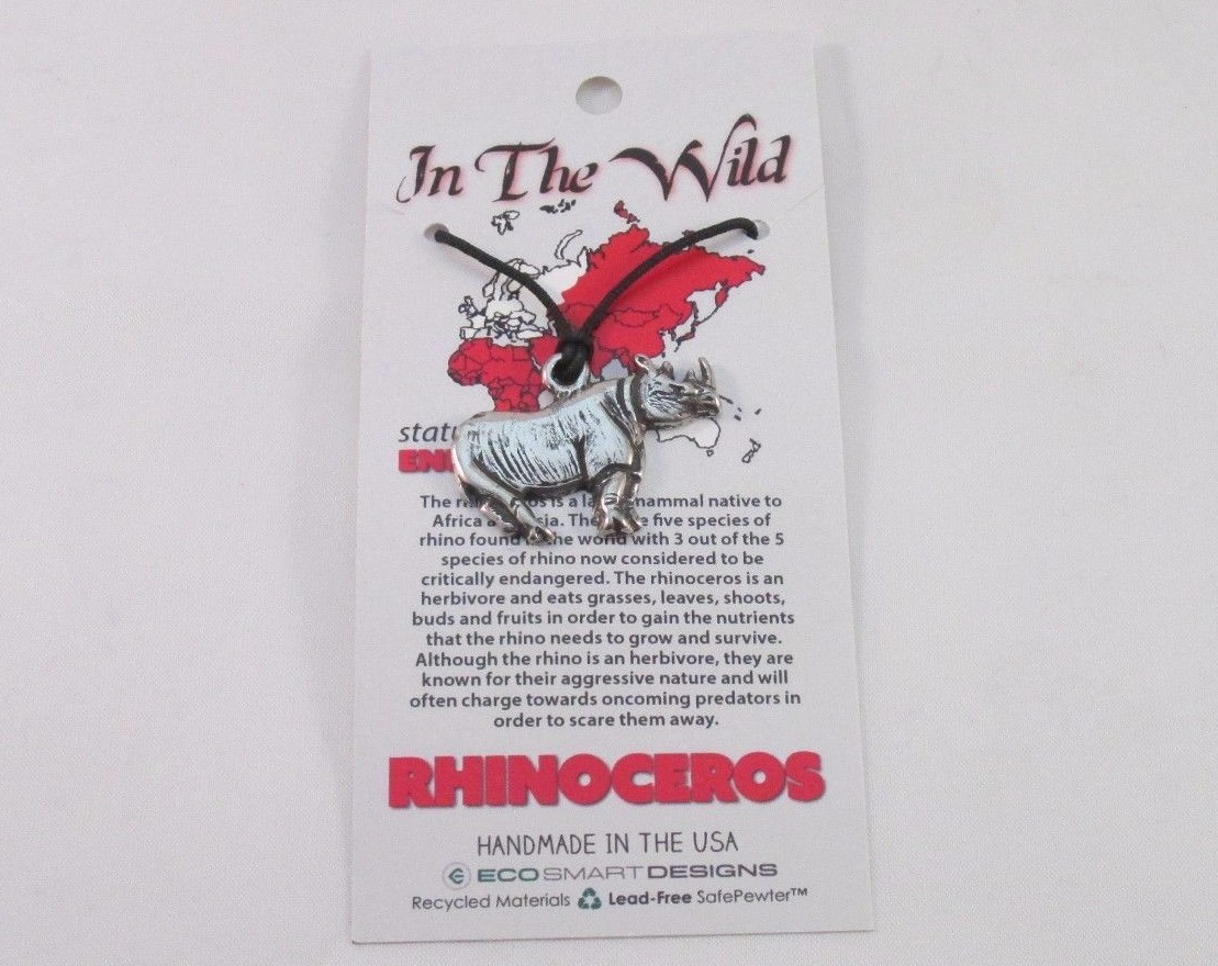 Rhinoceros Rhino Pendant Lead free Safe Pewter 1″ x 1-1/2″ Corded Made in USA