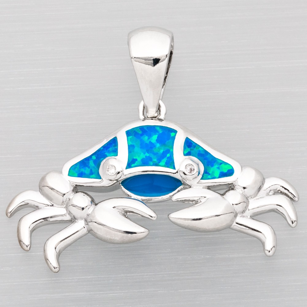 Beach Crab Ocean Blue Fire Opal Holiday Silver Jewelry Women Necklace Pendant
