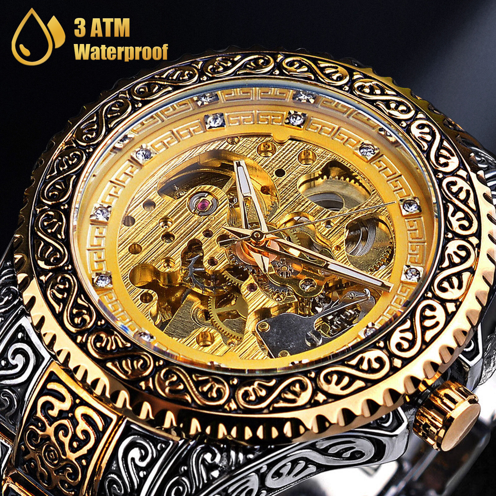 Luxury Men’s Stainless Steel Automatic Mechanical Wrist Watch Gold Tone Skeleton
