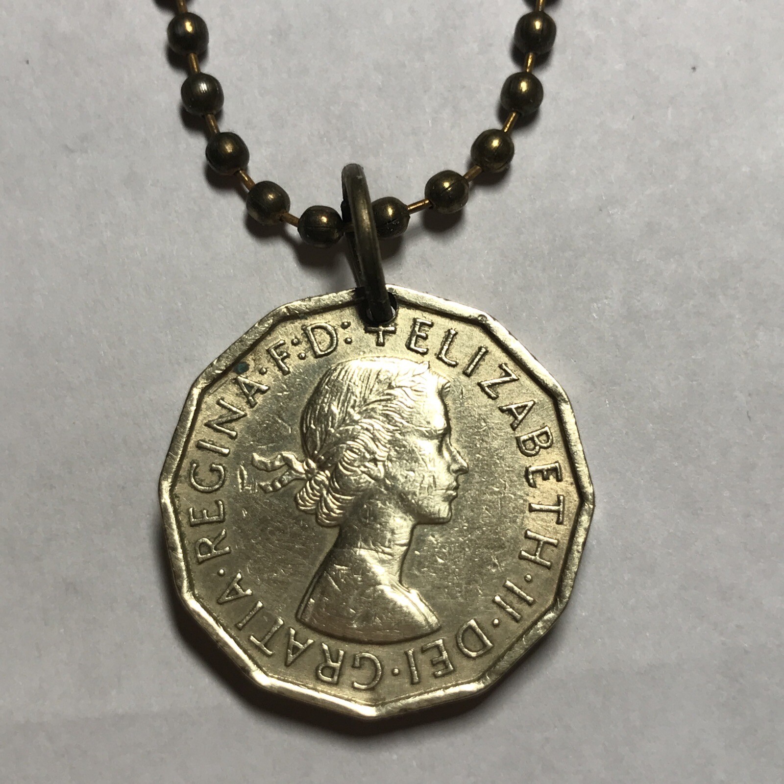 1960 UK 3 Pence Coin Pendant London. Queen Elizabeth 20” Necklace. Great Gift 🎁