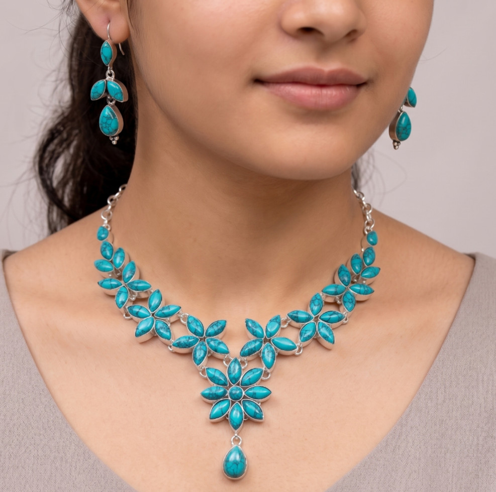 Turquoise Gemstone Handmade 925 Sterling Silver Necklace and Earring Set S-ADJ