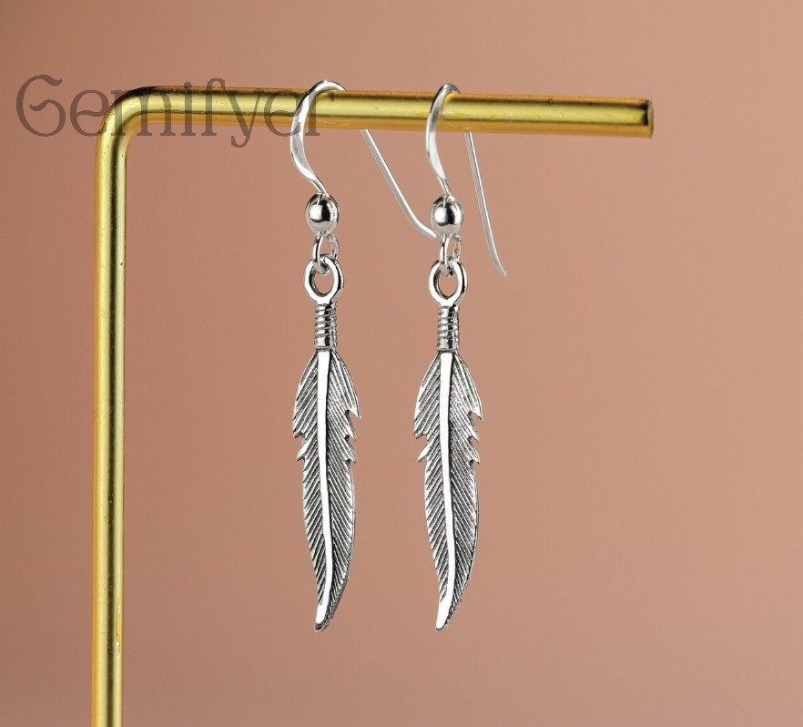 925 Sterling Silver Double Feather Dangle Handmade Earrings For Women
